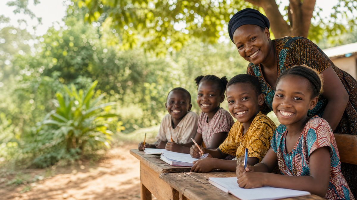Children learning together with a community mentor